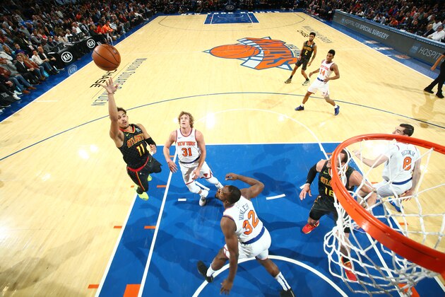 NEW YORK, NY - OCTOBER 17:  Trae Young #11 of the Atlanta Hawks shoots the ball against the New York Knicks during the game on October 17, 2018 at Madison Square Garden in New York City, New York.  NOTE TO USER: User expressly acknowledges and agrees that, by downloading and or using this photograph, User is consenting to the terms and conditions of the Getty Images License Agreement. Mandatory Copyright Notice: Copyright 2018 NBAE  (Photo by Nathaniel S. Butler/NBAE via Getty Images)
