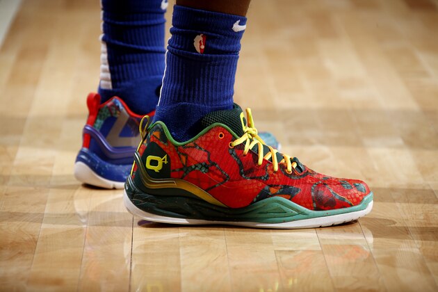 DETROIT, MI - OCTOBER 17: The sneakers worn by Langston Galloway #9 of the Detroit Pistons against the Brooklyn Nets during a game on October 17, 2018 at Little Caesars Arena in Detroit, Michigan. NOTE TO USER: User expressly acknowledges and agrees that, by downloading and/or using this photograph, User is consenting to the terms and conditions of the Getty Images License Agreement. Mandatory Copyright Notice: Copyright 2018 NBAE (Photo by Brian Sevald/NBAE via Getty Images) DETROIT, MI - OCTOBER 17: The sneakers worn by Langston Galloway #9 of the Detroit Pistons against the Brooklyn Nets during a game on October 17, 2018 at Little Caesars Arena in Detroit, Michigan. NOTE TO USER: User expressly acknowledges and agrees that, by downloading and/or using this photograph, User is consenting to the terms and conditions of the Getty Images License Agreement. Mandatory Copyright Notice: Copyright 2018 NBAE (Photo by Brian Sevald/NBAE via Getty Images)