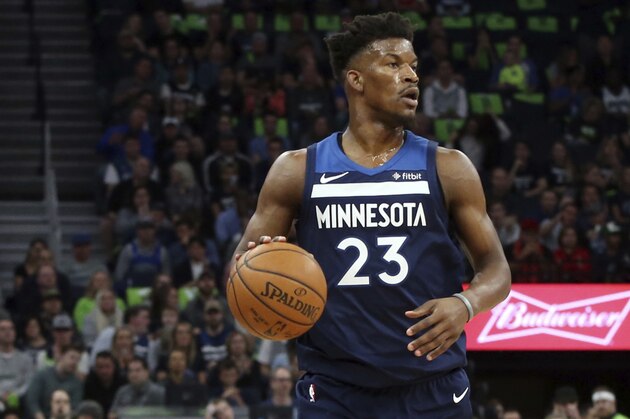 Minnesota Timberwolves' Jimmy Butler plays against the Houston Rockets during the first half of Game 4 in an NBA basketball first-round playoff series Monday, April 23, 2018, in Minneapolis. (AP Photo/Jim Mone) Minnesota Timberwolves' Jimmy Butler plays against the Houston Rockets during the first half of Game 4 in an NBA basketball first-round playoff series Monday, April 23, 2018, in Minneapolis. (AP Photo/Jim Mone)