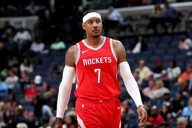 MEMPHIS, TN - OCTOBER 12: Carmelo Anthony #7 of the Houston Rockets looks on against the Memphis Grizzlies during a pre-season game on October 12, 2018 at FedExForum in Memphis, Tennessee. NOTE TO USER: User expressly acknowledges and agrees that, by downloading and or using this photograph, User is consenting to the terms and conditions of the Getty Images License Agreement. Mandatory Copyright Notice: Copyright 2018 NBAE (Photo by Joe Murphy/NBAE via Getty Images)