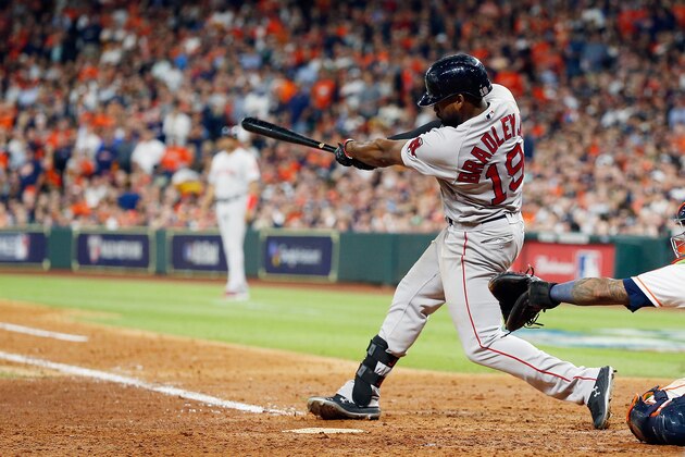 HOUSTON, TX - OCTOBER 17:  Jackie Bradley Jr. #19 of the Boston Red Sox hits a two-run home run in the sixth inning against the Houston Astros during Game Four of the American League Championship Series at Minute Maid Park on October 17, 2018 in Houston, Texas.  (Photo by Bob Levey/Getty Images)