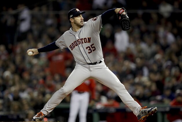 Houston Astros starting pitcher Justin Verlander throws against the Boston Red Sox during the first inning in Game 1 of a baseball American League Championship Series on Saturday, Oct. 13, 2018, in Boston. (AP Photo/Charles Krupa)