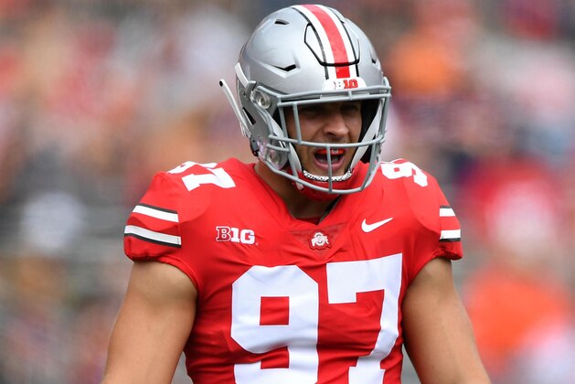 COLUMBUS, OH - SEPTEMBER 1:  Nick Bosa #97 of the Ohio State Buckeyes defends against the Oregon State Beavers at Ohio Stadium on September 1, 2018 in Columbus, Ohio. Ohio State defeated Oregon State 77-31.  (Photo by Jamie Sabau/Getty Images)