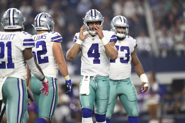 ARLINGTON, TX - OCTOBER 14:  Dak Prescott #4 of the Dallas Cowboys at AT&T Stadium on October 14, 2018 in Arlington, Texas.  (Photo by Ronald Martinez/Getty Images)