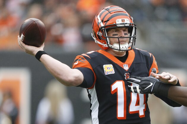 Cincinnati Bengals quarterback Andy Dalton passes in the first half of an NFL football game against the Pittsburgh Steelers, Sunday, Oct. 14, 2018, in Cincinnati. (AP Photo/Gary Landers)