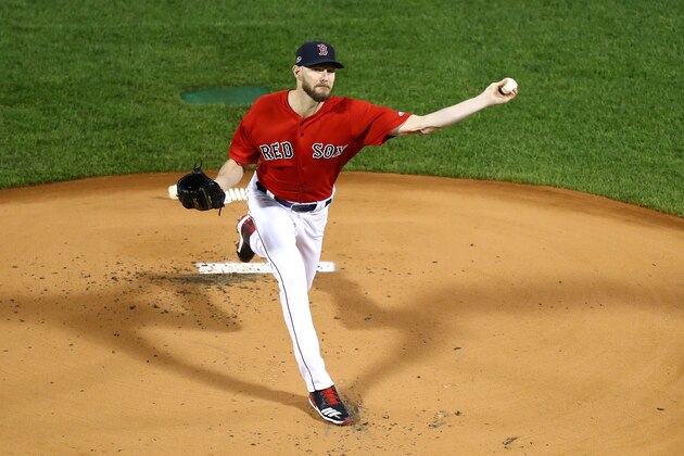 BOSTON, MA - OCTOBER 13:  Chris Sale #41 of the Boston Red Sox delivers the pitch during the first inning against the Houston Astros in Game One of the American League Championship Series at Fenway Park on October 13, 2018 in Boston, Massachusetts.  (Photo by Omar Rawlings/Getty Images)