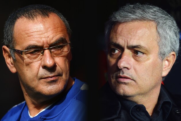FILE PHOTO (EDITORS NOTE: COMPOSITE OF IMAGES - Image numbers 1047091738,922326746 - GRADIENT ADDED) In this composite image a comparison has been made between Maurizio Sarri, Manager of Chelsea (L) and Jose Mourinho, Manager of Manchester United. Chelsea FC and Manchester United meet in a Premier league fixture on October 20, 2018 at Stamford Bridge,London.***LEFT IMAGE***  SOUTHAMPTON, ENGLAND - OCTOBER 07: Maurizio Sarri, Manager of Chelsea looks on prior to the Premier League match between Southampton FC and Chelsea FC at St Mary's Stadium on October 7, 2018 in Southampton, United Kingdom. (Photo by Jordan Mansfield/Getty Images) ***RIGHT IMAGE***  SEVILLE, SPAIN - FEBRUARY 21: Jose Mourinho, Manager of Manchester United looks on during the UEFA Champions League Round of 16 First Leg match between Sevilla FC and Manchester United at Estadio Ramon Sanchez Pizjuan on February 21, 2018 in Seville, Spain. (Photo by Aitor Alcalde/Getty Images)