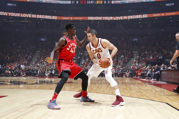 TORONTO, CANADA - OCTOBER 17: Kevin Love #0 of the Cleveland Cavaliers handles the ball against the Toronto Raptors on October 17, 2018 at Scotiabank Arena in Toronto, Ontario, Canada. NOTE TO USER: User expressly acknowledges and agrees that, by downloading and/or using this photograph, user is consenting to the terms and conditions of the Getty Images License Agreement. Mandatory Copyright Notice: Copyright 2018 NBAE (Photo by Mark Blinch/NBAE via Getty Images)