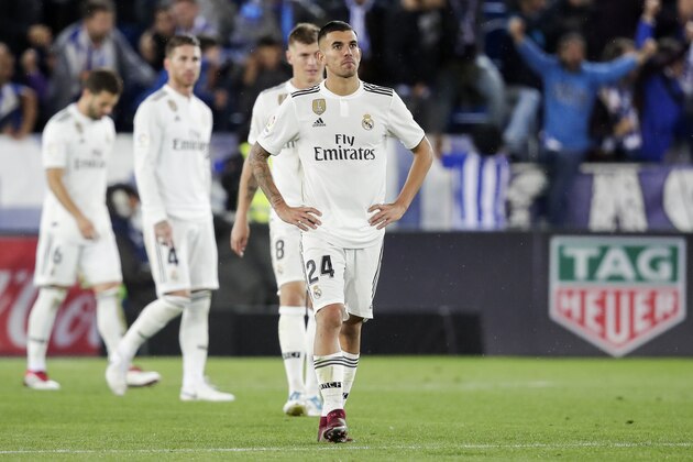 VITORIA GASTEIZ, SPAIN - OCTOBER 6: Nacho of Real Madrid, Sergio Ramos of Real Madrid, Toni Kroos of Real Madrid, Dani Ceballos of Real Madrid during the La Liga Santander  match between Deportivo Alaves v Real Madrid at the Estadio de Mendizorroza on October 6, 2018 in Vitoria Gasteiz Spain (Photo by David S. Bustamante/Soccrates/Getty Images)
