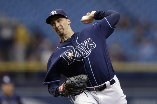 Tampa Bay Rays' Blake Snell pitches to the Cleveland Indians during the first inning of a baseball game Wednesday, Sept. 12, 2018, in St. Petersburg, Fla. (AP Photo/Chris O'Meara)