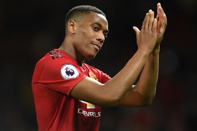 Manchester United's French striker Anthony Martial gestures after the English Premier League football match between Manchester United and Newcastle at Old Trafford in Manchester, north west England, on October 6, 2018. (Photo by Oli SCARFF / AFP) / RESTRICTED TO EDITORIAL USE. No use with unauthorized audio, video, data, fixture lists, club/league logos or 'live' services. Online in-match use limited to 120 images. An additional 40 images may be used in extra time. No video emulation. Social media in-match use limited to 120 images. An additional 40 images may be used in extra time. No use in betting publications, games or single club/league/player publications. /         (Photo credit should read OLI SCARFF/AFP/Getty Images)
