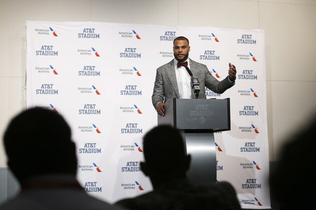 Dallas Cowboys quarterback Dak Prescott's answers questions during a post game press conference after an NFL football game against the Jacksonville Jaguars in Arlington, Texas, Sunday, Oct. 14, 2018. Dallas won 40-7. (AP Photo/Ron Jenkins)