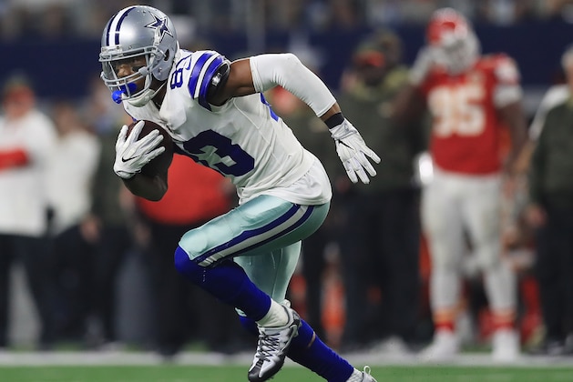ARLINGTON, TX - NOVEMBER 05:  Terrance Williams #83 of the Dallas Cowboys carries the ball in the fourth quarter of a football game against the Kansas City Chiefs at AT&T Stadium on November 5, 2017 in Arlington, Texas.  (Photo by Ronald Martinez/Getty Images)