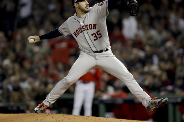 Houston Astros starting pitcher Justin Verlander throws against the Boston Red Sox during the first inning in Game 1 of a baseball American League Championship Series on Saturday, Oct. 13, 2018, in Boston. (AP Photo/Charles Krupa)