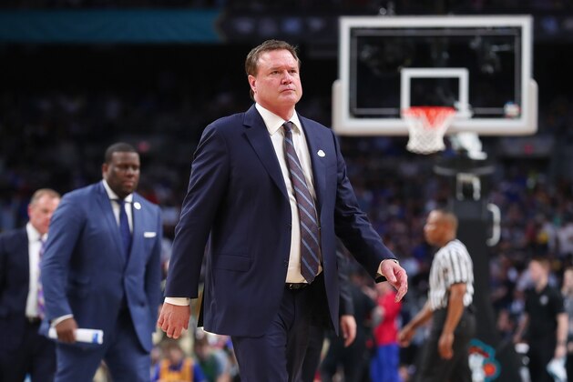 SAN ANTONIO, TX - MARCH 31:  head coach Bill Self of the Kansas Jayhawks looks on in the first half against the Villanova Wildcats during the 2018 NCAA Men's Final Four Semifinal at the Alamodome on March 31, 2018 in San Antonio, Texas.  (Photo by Tom Pennington/Getty Images)