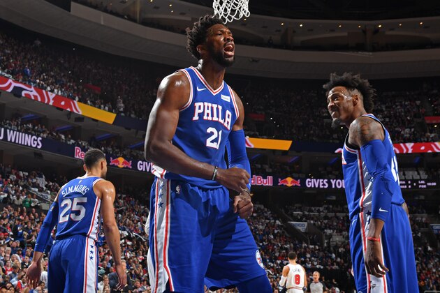 PHILADELPHIA, PA - OCTOBER 18: Joel Embiid #21 of the Philadelphia 76ers yells and celebrates during the game against the Chicago Bulls on October 18, 2018 at the Wells Fargo Center in Philadelphia, Pennsylvania NOTE TO USER: User expressly acknowledges and agrees that, by downloading and/or using this Photograph, user is consenting to the terms and conditions of the Getty Images License Agreement. Mandatory Copyright Notice: Copyright 2018 NBAE (Photo by Jesse D. Garrabrant/NBAE via Getty Images)