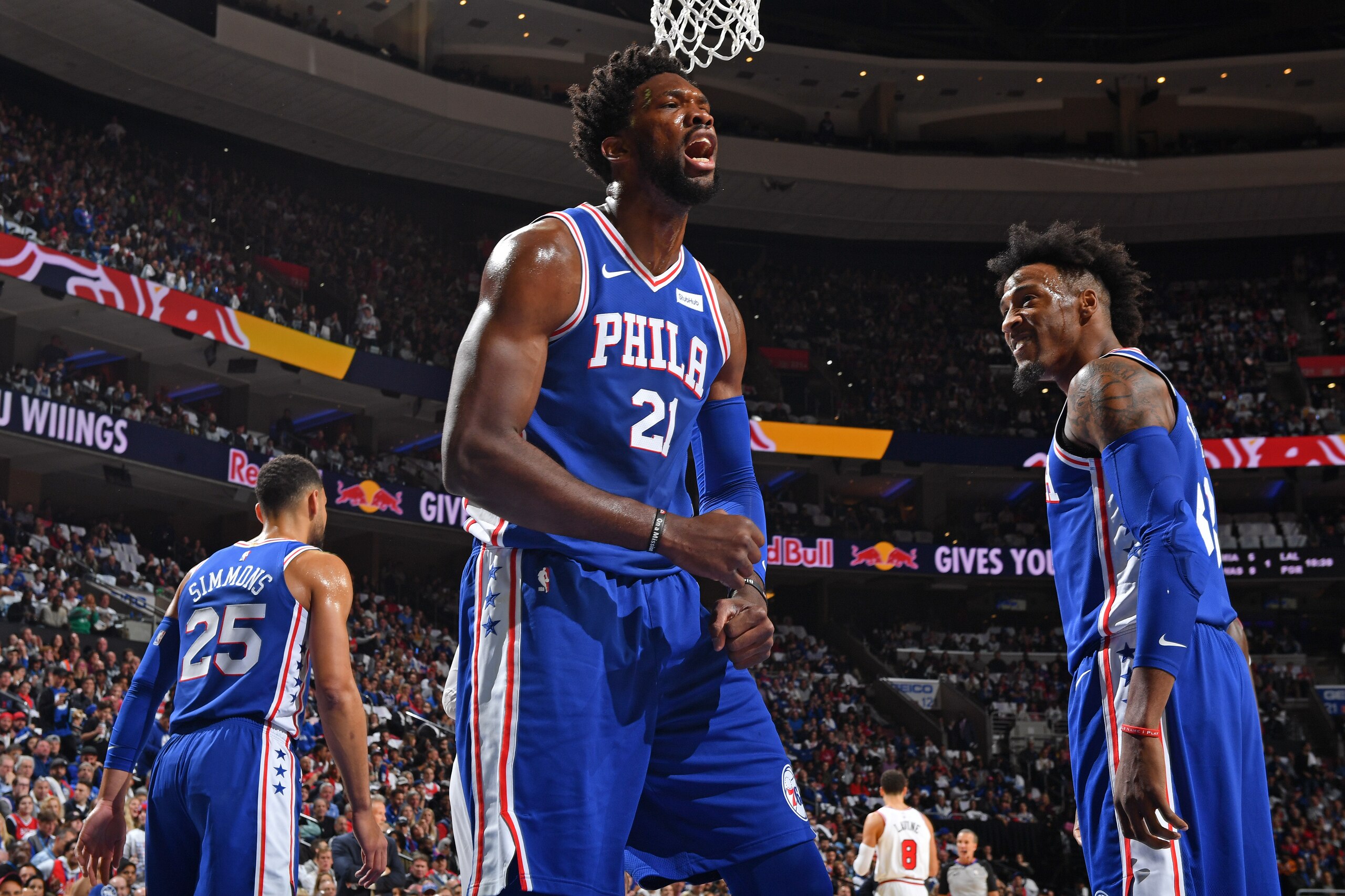 PHILADELPHIA, PA - OCTOBER 18: Joel Embiid #21 of the Philadelphia 76ers yells and celebrates during the game against the Chicago Bulls on October 18, 2018 at the Wells Fargo Center in Philadelphia, Pennsylvania NOTE TO USER: User expressly acknowledges and agrees that, by downloading and/or using this Photograph, user is consenting to the terms and conditions of the Getty Images License Agreement. Mandatory Copyright Notice: Copyright 2018 NBAE (Photo by Jesse D. Garrabrant/NBAE via Getty Images)