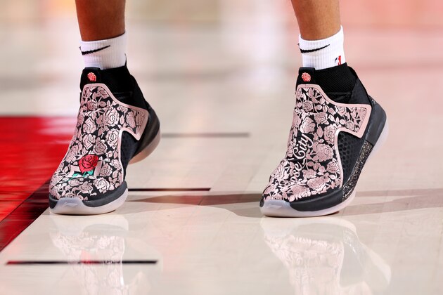 PORTLAND, OR - OCTOBER 18: The sneakers of CJ McCollum #3 of the Portland Trail Blazers before the game against the Los Angeles Lakers on October 18, 2018 at the Moda Center in Portland, Oregon. NOTE TO USER: User expressly acknowledges and agrees that, by downloading and/or using this photograph, user is consenting to the terms and conditions of the Getty Images License Agreement. Mandatory Copyright Notice: Copyright 2018 NBAE (Photo by Sam Forencich/NBAE via Getty Images)