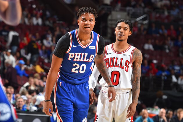 PHILADELPHIA, PA - OCTOBER 18: Markelle Fultz #20 of the Philadelphia 76ers and Antonius Cleveland #0 of the Chicago Bulls smile during the game on October 18, 2018 at the Wells Fargo Center in Philadelphia, Pennsylvania NOTE TO USER: User expressly acknowledges and agrees that, by downloading and/or using this Photograph, user is consenting to the terms and conditions of the Getty Images License Agreement. Mandatory Copyright Notice: Copyright 2018 NBAE (Photo by Jesse D. Garrabrant/NBAE via Getty Images)