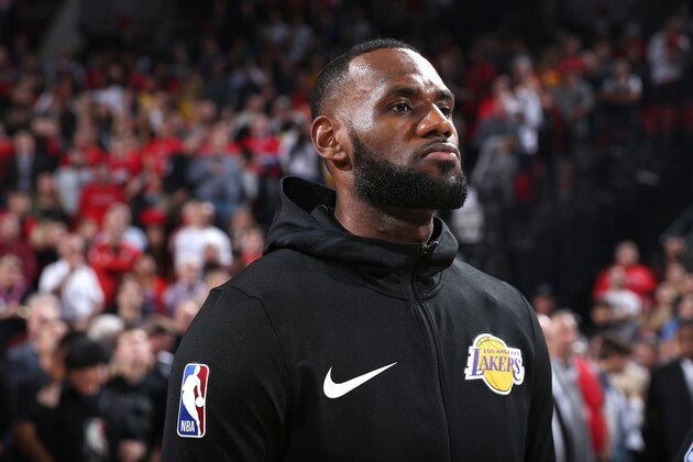 PORTLAND, OR - OCTOBER 18: LeBron James #23 of the Los Angeles Lakers looks on before the game against the Portland Trail Blazers on October 18, 2018 at the Moda Center in Portland, Oregon. NOTE TO USER: User expressly acknowledges and agrees that, by downloading and/or using this photograph, user is consenting to the terms and conditions of the Getty Images License Agreement. Mandatory Copyright Notice: Copyright 2018 NBAE (Photo by Sam Forencich/NBAE via Getty Images)