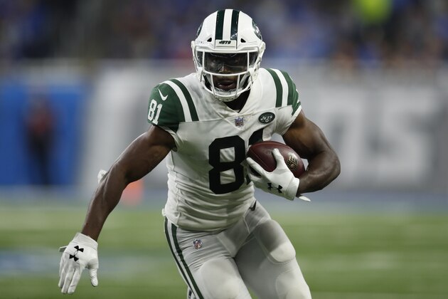 New York Jets wide receiver Quincy Enunwa (81) runs with the ball after a catch against the Detroit Lions during an NFL football game in Detroit, Monday, Sept. 10, 2018. (Jeff Haynes/AP Images for Panini)