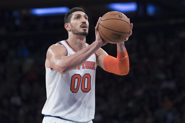 New York Knicks center Enes Kanter attempts a free throw during the second half of an NBA preseason basketball game against the New Orleans Pelicans, Friday, Oct. 5, 2018, at Madison Square Garden in New York. The Knicks won 106 -100. (AP Photo/Mary Altaffer)