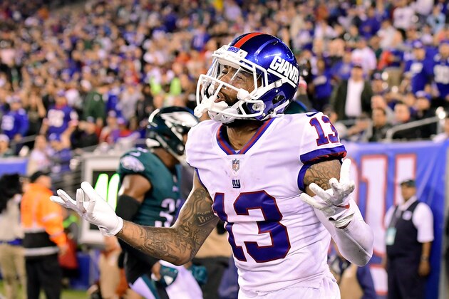 EAST RUTHERFORD, NJ - OCTOBER 11:  Odell Beckham #13 of the New York Giants reacts as he looks for a pass interference call against the Philadelphia Eagles at MetLife Stadium on October 11, 2018 in East Rutherford, New Jersey. The Eagles defeated the Giants 34-13.  (Photo by Steven Ryan/Getty Images)