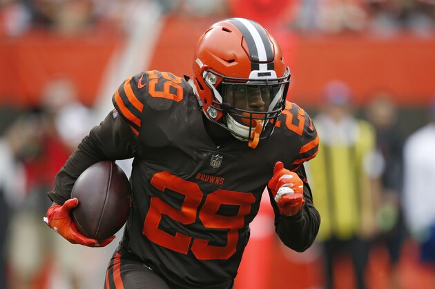 Cleveland Browns running back Duke Johnson rushes during the first half of an NFL football game against the Baltimore Ravens, Sunday, Oct. 7, 2018, in Cleveland. (AP Photo/Ron Schwane)