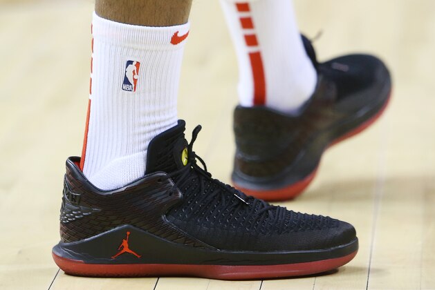TORONTO, ON - OCTOBER 19:  The shoes worn by Kawhi Leonard #2 of the Toronto Raptors during warm up, prior to the first half of an NBA game against the Boston Celtics at Scotiabank Arena on October 19, 2018 in Toronto, Canada.  NOTE TO USER: User expressly acknowledges and agrees that, by downloading and or using this photograph, User is consenting to the terms and conditions of the Getty Images License Agreement.  (Photo by Vaughn Ridley/Getty Images)