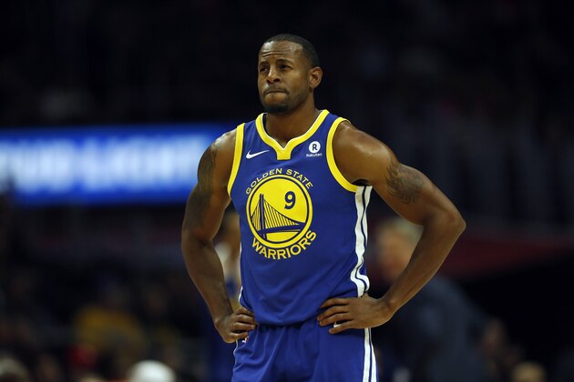 Golden State Warriors forward Andre Iguodala is seen during the first half of an NBA basketball game against the Los Angeles Clippers, Monday, Oct. 30, 2017, in Los Angeles. (AP Photo/Ryan Kang)