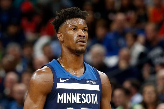 Minnesota Timberwolves' Jimmy Butler plays against the Houston Rockets in the first half during Game 3 of an NBA basketball first round playoff series Saturday, April 21, 2018, in Minneapolis. (AP Photo/Jim Mone)