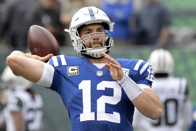Indianapolis Colts quarterback Andrew Luck works out prior to an NFL football game against the New York Jets, Sunday, Oct. 14, 2018, in East Rutherford, N.J. (AP Photo/Bill Kostroun) Indianapolis Colts quarterback Andrew Luck works out prior to an NFL football game against the New York Jets, Sunday, Oct. 14, 2018, in East Rutherford, N.J. (AP Photo/Bill Kostroun)