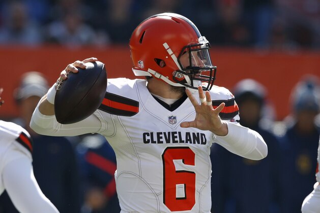 Cleveland Browns quarterback Baker Mayfield looks to throw in the first half during an NFL football game against the Los Angeles Chargers, Sunday, Oct. 14, 2018, in Cleveland. (AP Photo/Ron Schwane)