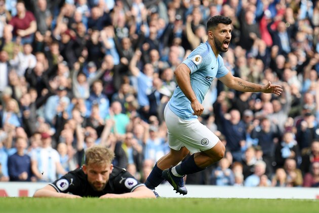 MANCHESTER, ENGLAND - OCTOBER 20: Sergio Aguero of Manchester City celebrates after scoring his team's first goal during the Premier League match between Manchester City and Burnley FC at Etihad Stadium on October 20, 2018 in Manchester, United Kingdom.  (Photo by Shaun Botterill/Getty Images)