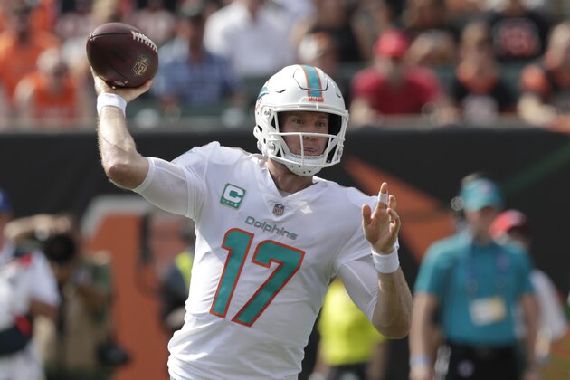 Miami Dolphins quarterback Ryan Tannehill (17)  prepares to throw against the Cincinnati Bengals during the first half of an NFL football game in Cincinnati, Sunday, Oct. 7, 2018. (AP Photo/Michael Conroy)
