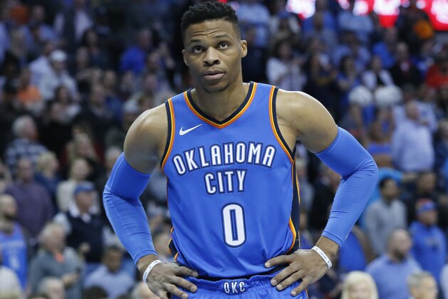 Oklahoma City Thunder guard Russell Westbrook before during an NBA basketball game between the Houston Rockets and the Oklahoma City Thunder in Oklahoma City, Tuesday, March 6, 2018. (AP Photo/Sue Ogrocki)