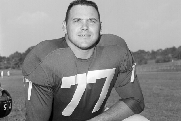 FILE - This Sept. 17, 1960 file photo shows New York Giants Dick Modzelewski.  Modzelewski, a star defensive tackle for the New York Giants in the 1950s and '60s, has died at 87. The team said in a statement Saturday, Oct. 20, 2018  he died Friday at his home in Eastlake, Ohio, outside Cleveland. No cause was given.  (AP Photo, File)