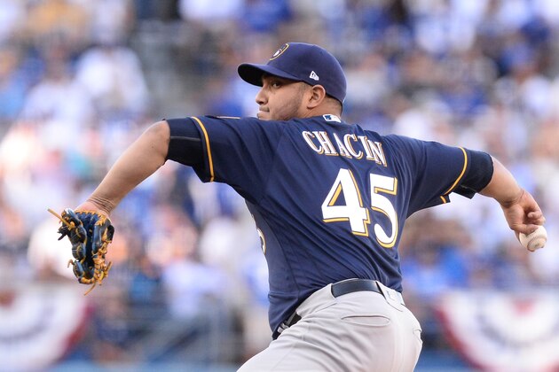 LOS ANGELES, CA - OCTOBER 15:  Pitcher Jhoulys Chacin #45 of the Milwaukee Brewers pitches during the first inning of Game Three of the National League Championship Series against the Los Angeles Dodgers at Dodger Stadium on October 15, 2018 in Los Angeles, California.  (Photo by Pool/Getty Images)