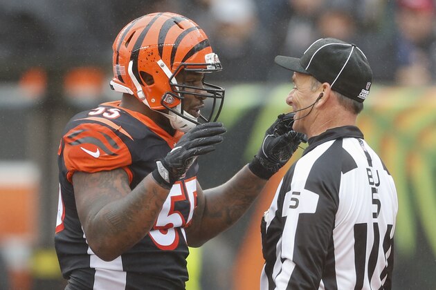 Cincinnati Bengals linebacker Vontaze Burfict (55) reacts with head linesman John McGrath (5) in the first half of an NFL football game against the Pittsburgh Steelers, Sunday, Oct. 14, 2018, in Cincinnati. (AP Photo/Gary Landers)