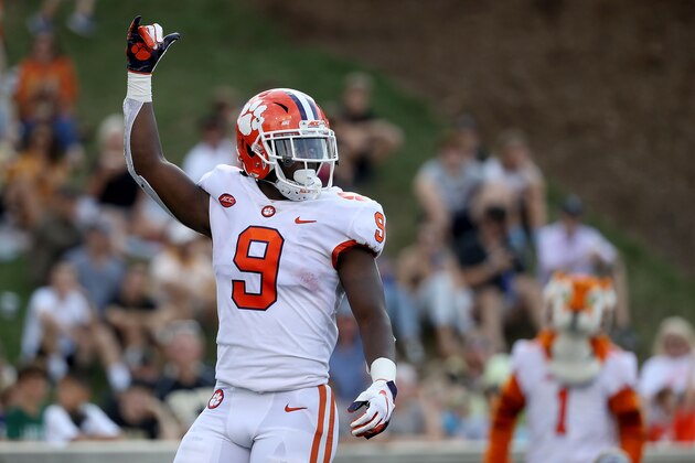 WINSTON SALEM, NC - OCTOBER 06:  Travis Etienne #9 of the Clemson Tigers reacts after scoring a touchdown against the Wake Forest Demon Deacons during their game at BB&T Field on October 6, 2018 in Winston Salem, North Carolina.  (Photo by Streeter Lecka/Getty Images)