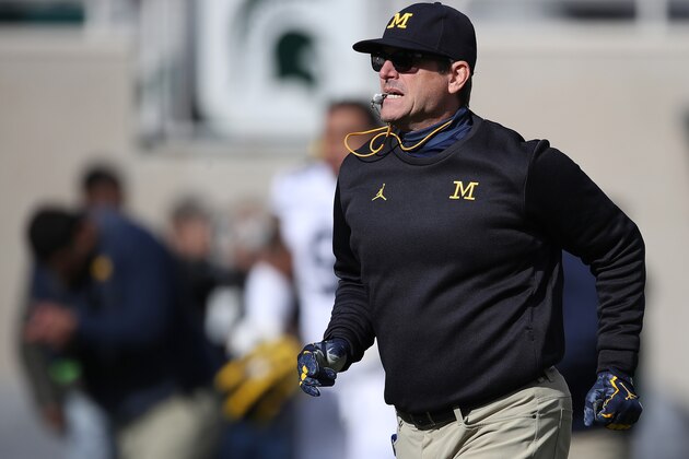 EAST LANSING, MI - OCTOBER 20:  Head coach Jim Harbaugh of the Michigan Wolverines looks on during warmups prior to playing the Michigan State Spartans at Spartan Stadium on October 20, 2018 in East Lansing, Michigan. (Photo by Gregory Shamus/Getty Images)