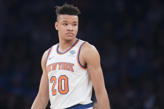 New York Knicks forward Kevin Knox stands on the court during the first half of an NBA basketball game against the Atlanta Hawks, Wednesday, Oct. 17, 2018, at Madison Square Garden in New York. (AP Photo/Mary Altaffer)