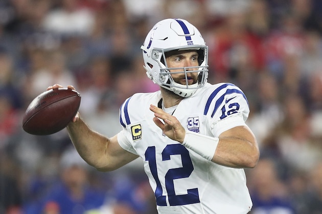 FOXBOROUGH, MA - OCTOBER 04:  Andrew Luck #12 of the Indianapolis Colts throws a pass during the first half against the New England Patriots at Gillette Stadium on October 4, 2018 in Foxborough, Massachusetts.  (Photo by Maddie Meyer/Getty Images)