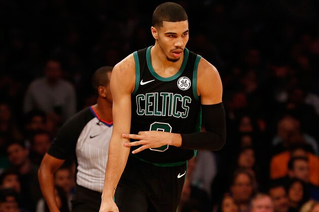 NEW YORK, NY - OCTOBER 20:  Jayson Tatum #0 of the Boston Celtics reacts after hitting a three point basket against the New York Knicks at Madison Square Garden on October 20, 2018 in New York City.  (Photo by Mike Stobe/Getty Images)