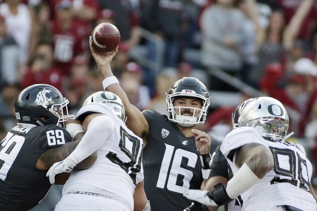Washington State quarterback Gardner Minshew (16) throws a pass during the first half of an NCAA college football game against Oregon in Pullman, Wash., Saturday, Oct. 20, 2018. (AP Photo/Young Kwak)