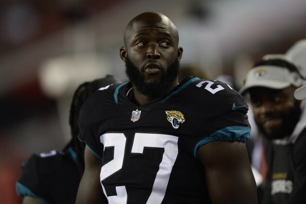 Jacksonville Jaguars running back Leonard Fournette (27) during the first half of an NFL preseason football game against the Tampa Bay Buccaneers Thursday, Aug. 30, 2018, in Tampa, Fla. (AP Photo/Jason Behnken)