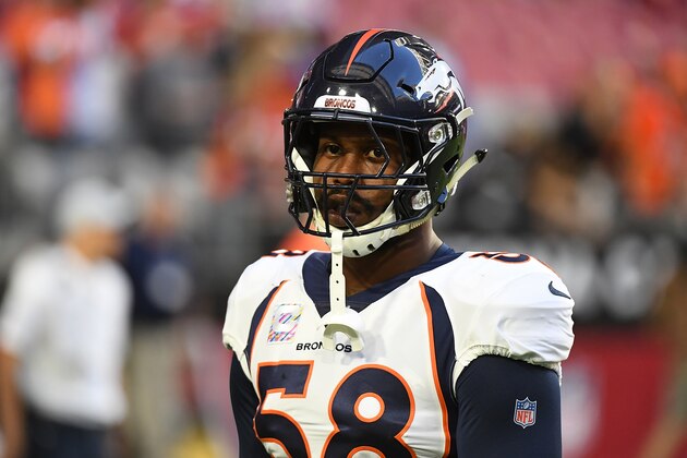 GLENDALE, AZ - OCTOBER 18:  Von Miller #58 of the Denver Broncos prepares for a game against the Arizona Cardinals at State Farm Stadium on October 18, 2018 in Glendale, Arizona.  (Photo by Norm Hall/Getty Images)