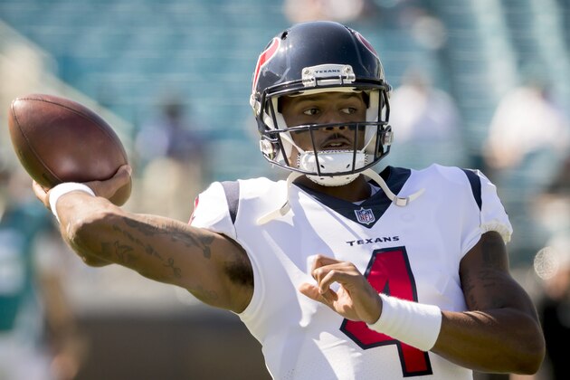 Houston Texans quarterback Deshaun Watson (4) warms up before the start of a NFL football game against the Jacksonville Jaguars, Sunday, Oct. 21, 2018, in Jacksonville, Fla. (AP Photo/Stephen B. Morton) Houston Texans quarterback Deshaun Watson (4) warms up before the start of a NFL football game against the Jacksonville Jaguars, Sunday, Oct. 21, 2018, in Jacksonville, Fla. (AP Photo/Stephen B. Morton)