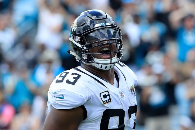 JACKSONVILLE, FL - SEPTEMBER 30:  Calais Campbell #93 of the Jacksonville Jaguars celebrates a safety during the game against the New York Jets on September 30, 2018 in Jacksonville, Florida.  (Photo by Sam Greenwood/Getty Images)