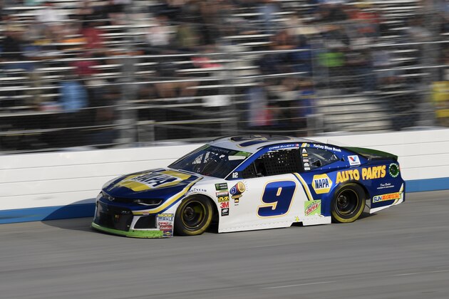 Chase Elliott competes during a NASCAR Cup Series auto race, Sunday, Oct. 7, 2018, at Dover International Speedway in Dover, Del. (AP Photo/Nick Wass)